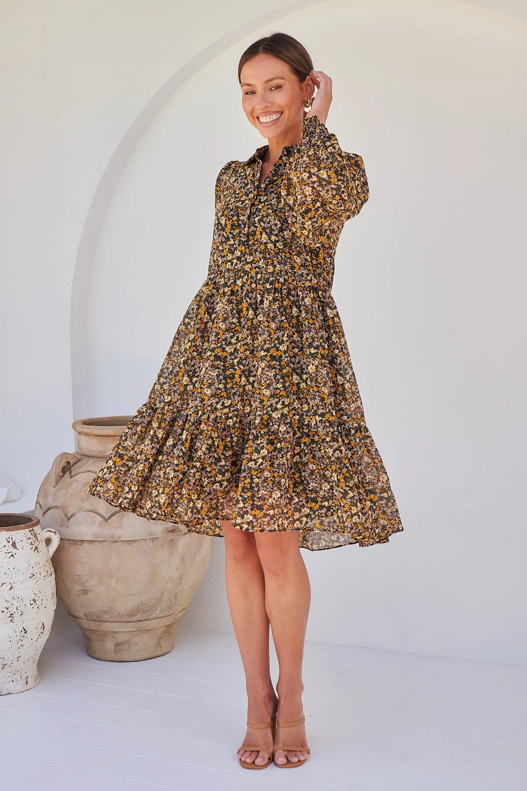 Jessie Floral Chiffon Long Sleeve Collared Dress