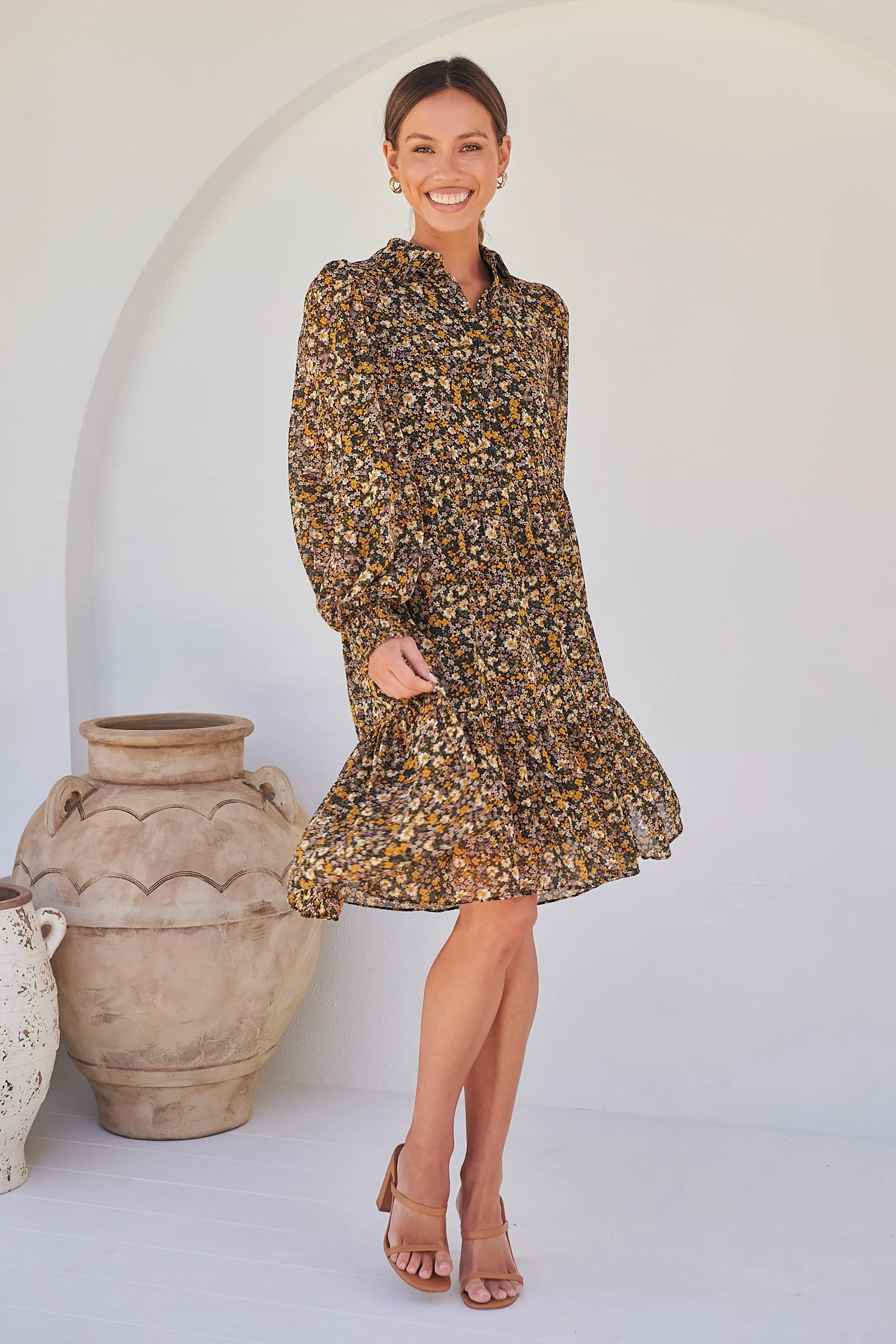 Jessie Floral Chiffon Long Sleeve Collared Dress