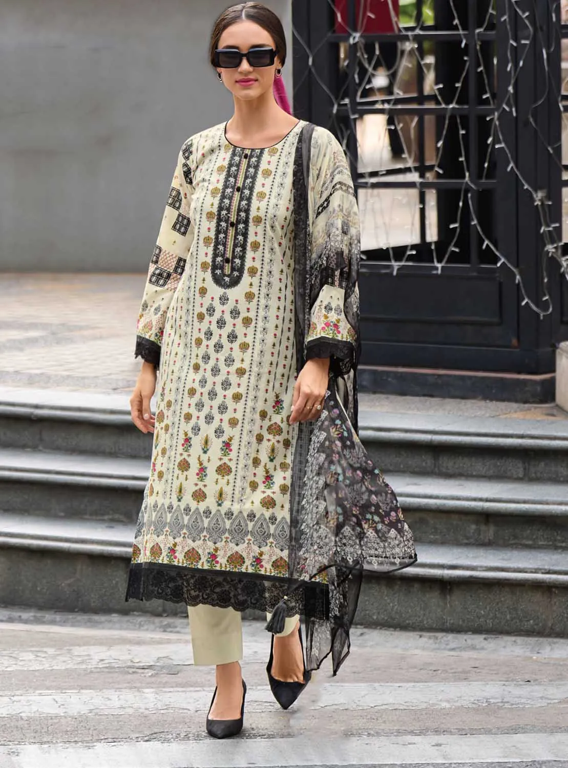 Kilory Off-White Unstitched Pure Lawn Cotton Suit Material for Women