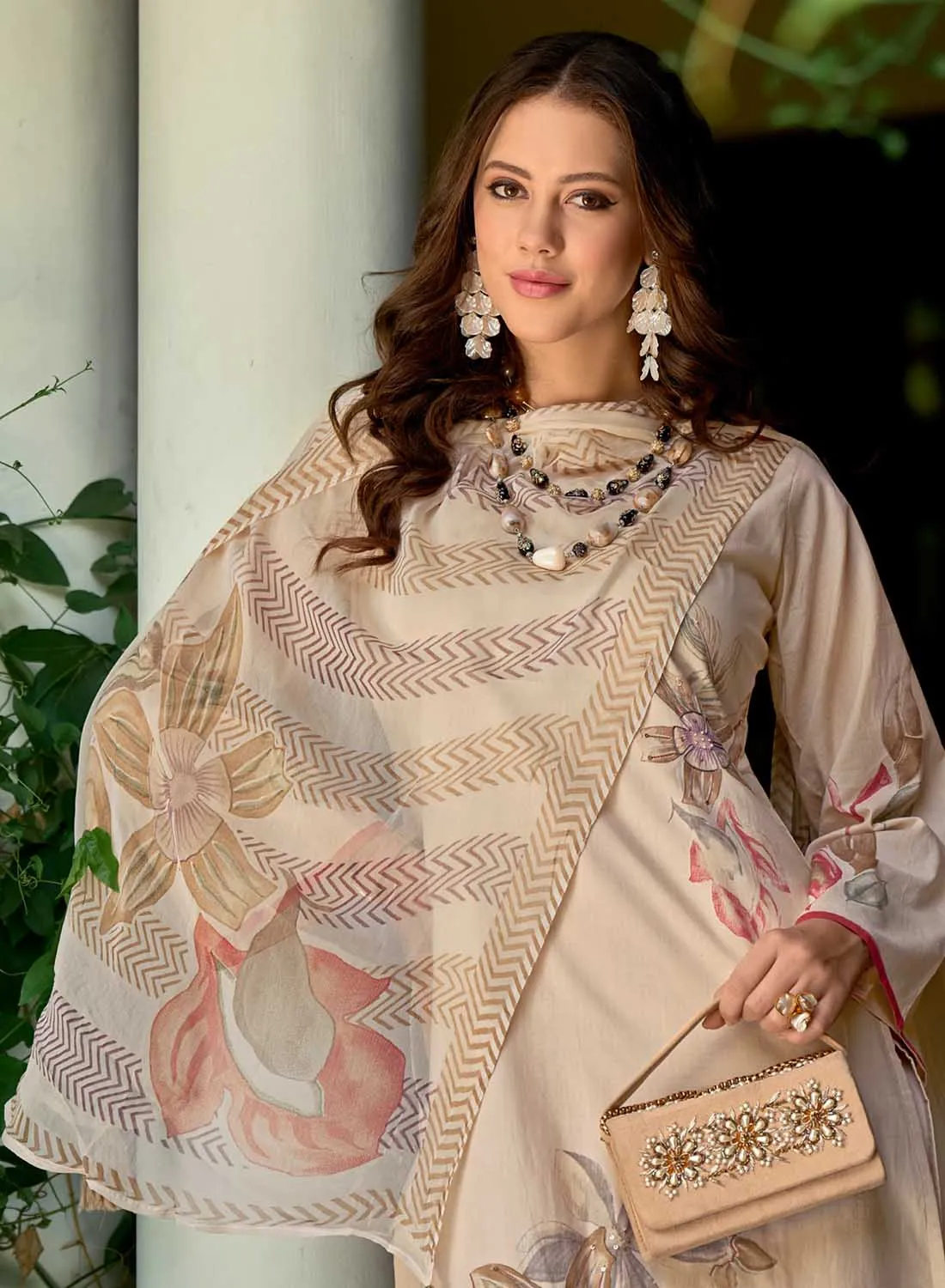 Kilory Pure Lawn Cotton Beige Unstitched Suit Dress Material for Women