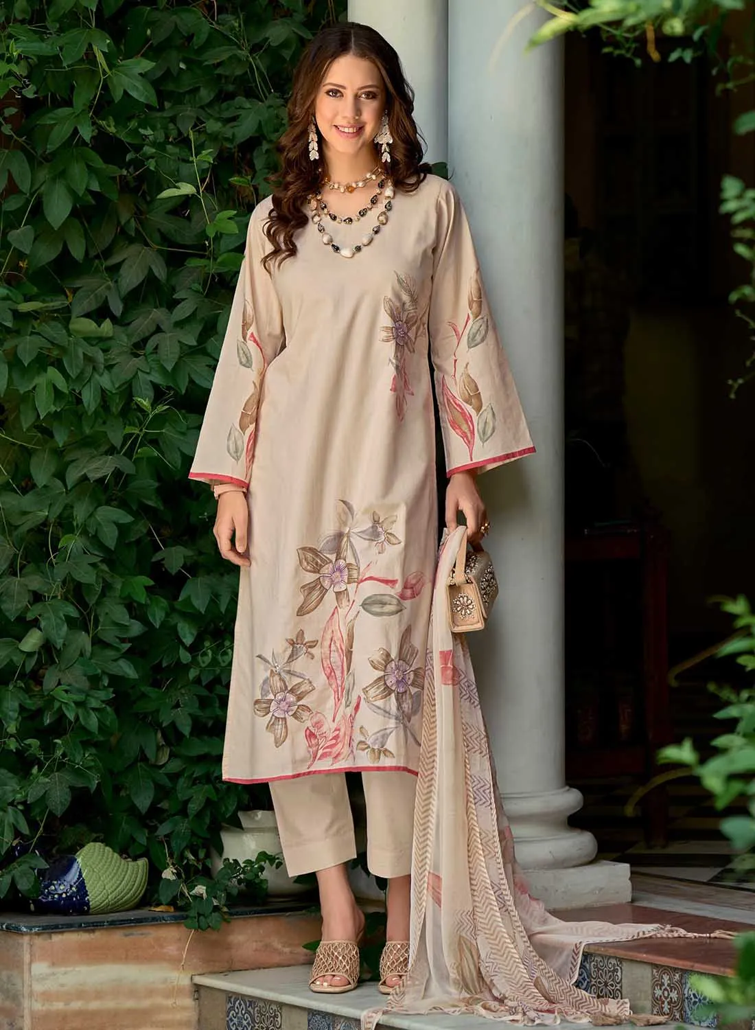 Kilory Pure Lawn Cotton Beige Unstitched Suit Dress Material for Women