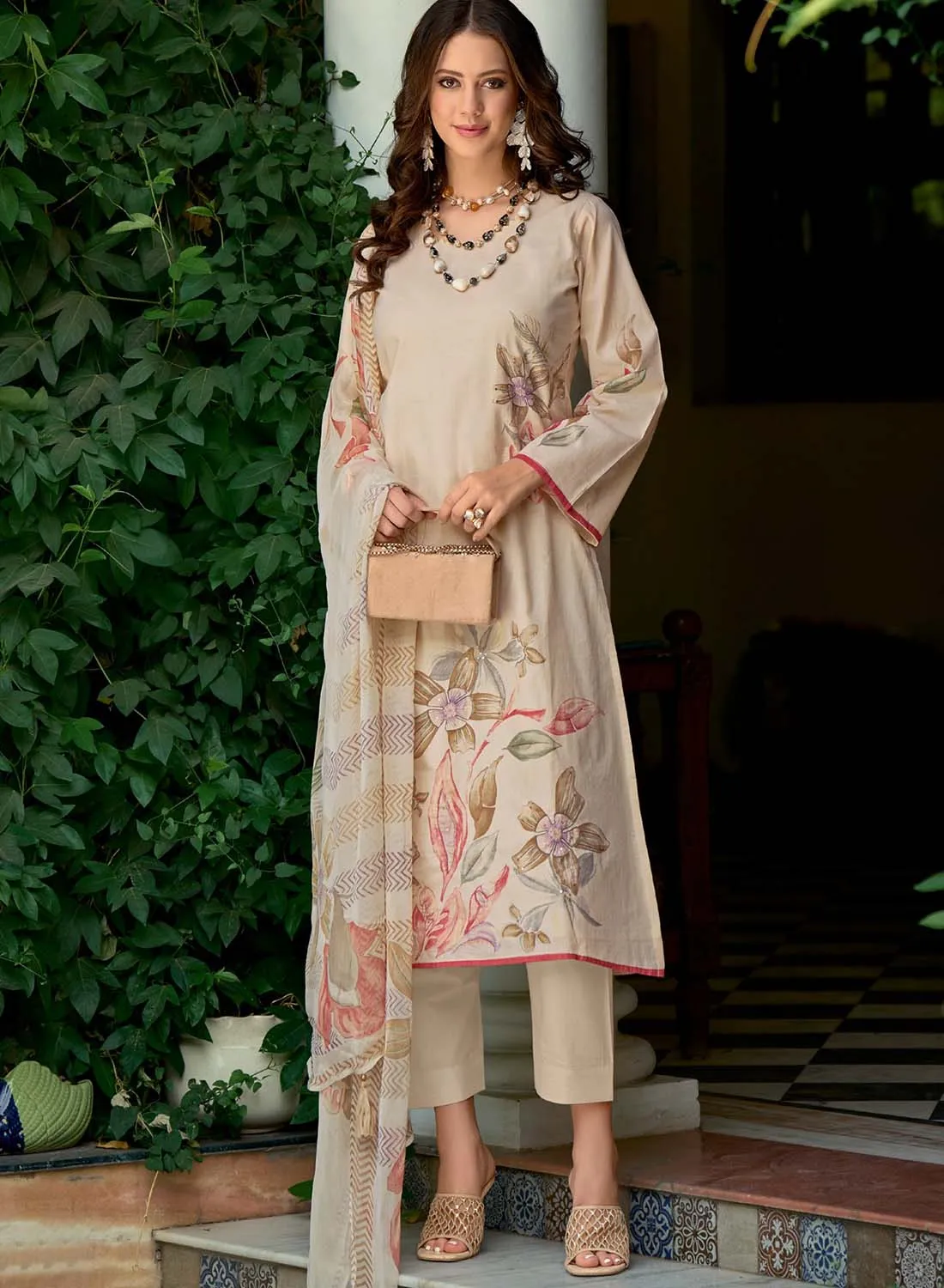 Kilory Pure Lawn Cotton Beige Unstitched Suit Dress Material for Women