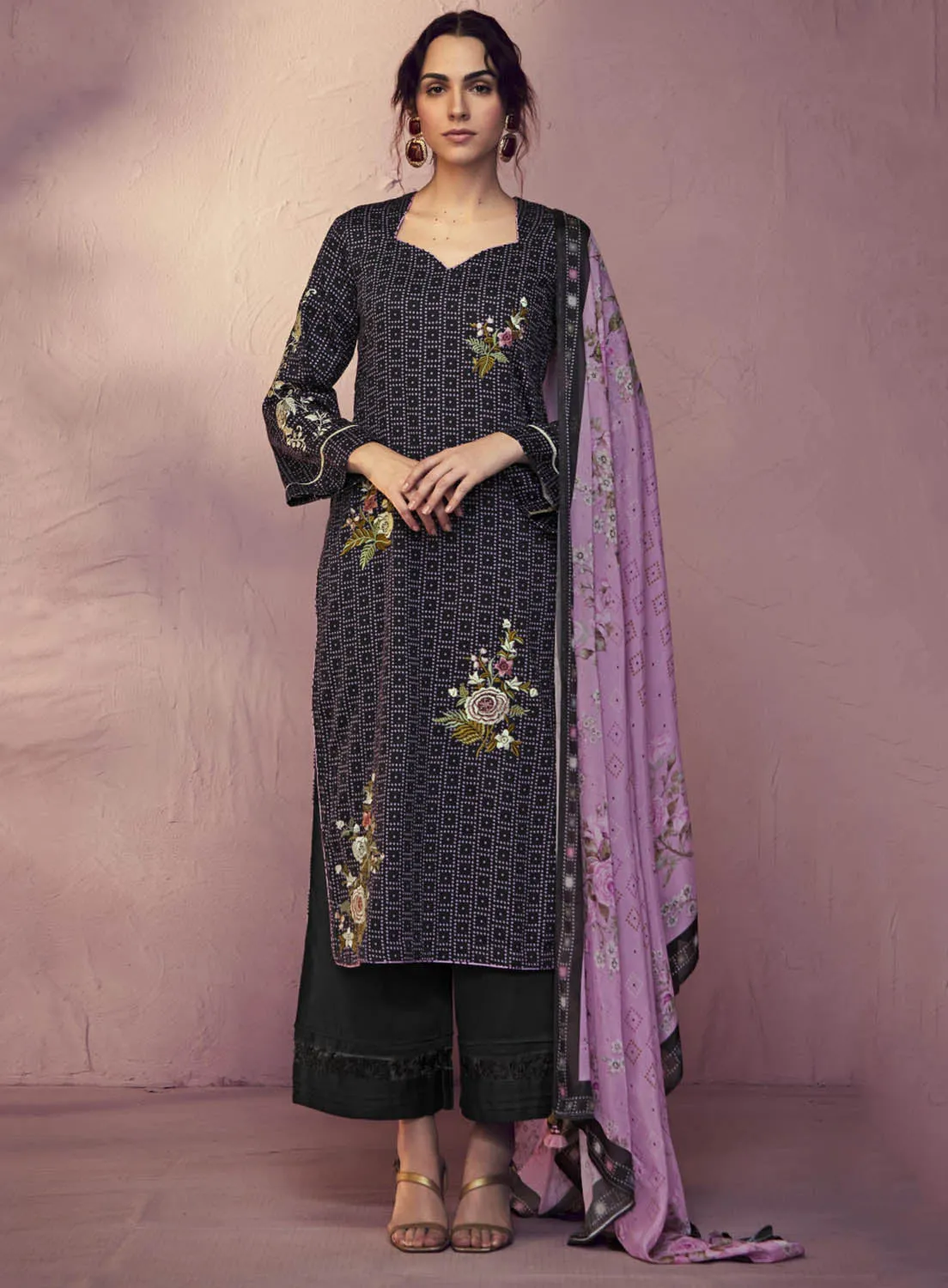 Kimora Black Cotton Satin Unstitched Suit Dress Material for Women