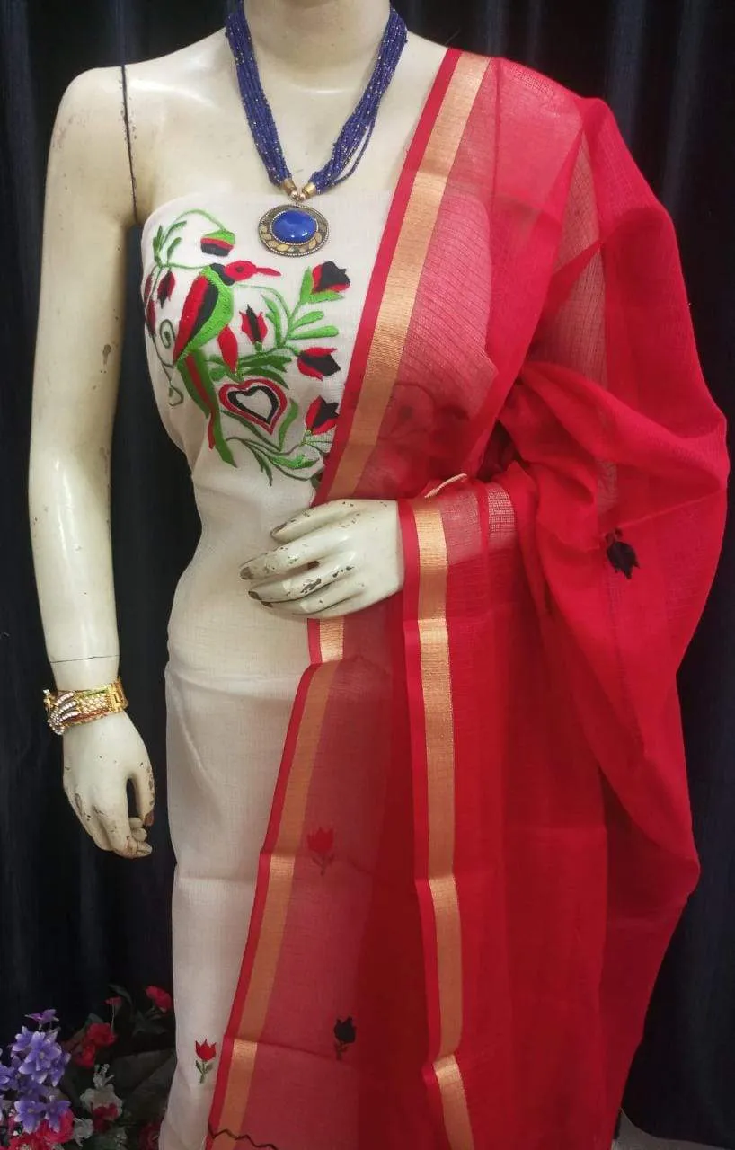 Kota Cotton Light Brown Embroidered Suit with Red Dupatta