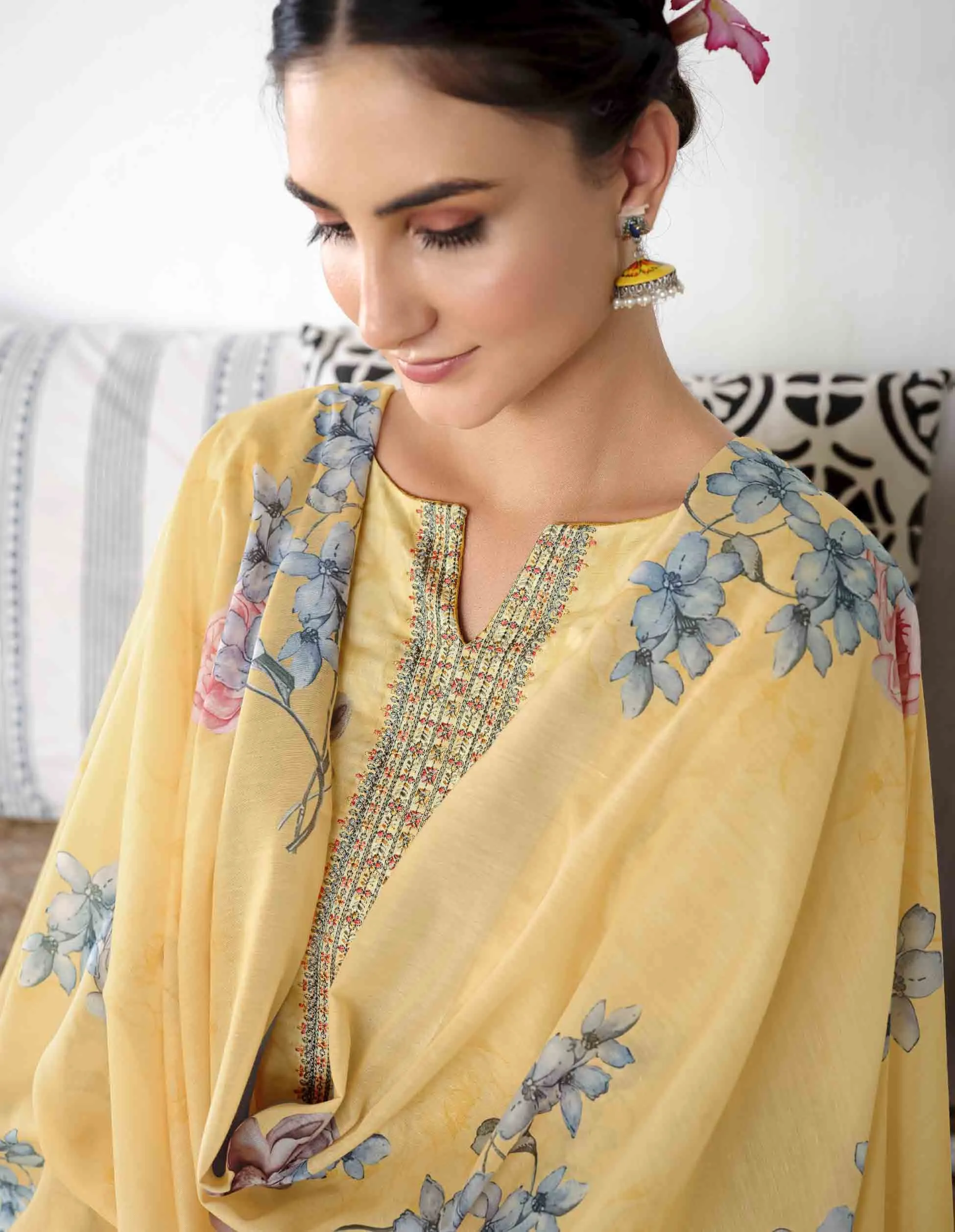 Lawn Cotton Unstitched Women Suits Yellow Embroidery Dress Materials