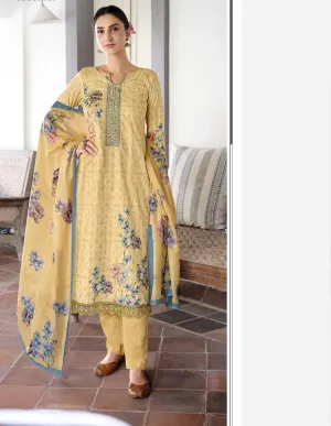 Lawn Cotton Unstitched Women Suits Yellow Embroidery Dress Materials