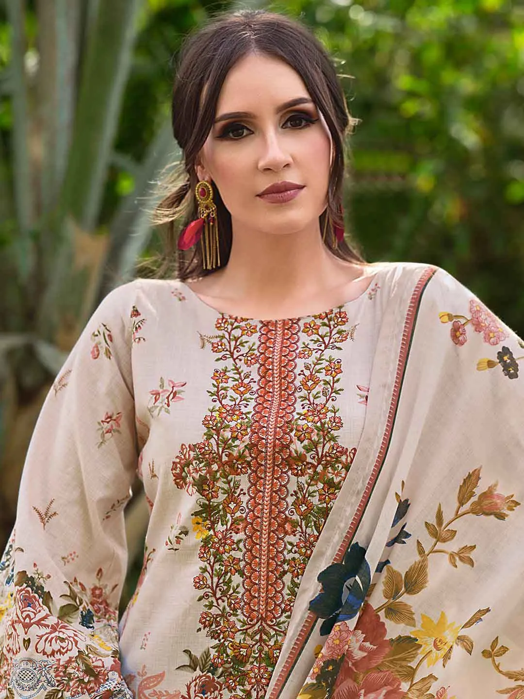 Light Peach Pakistani Print Unstitched Cotton Suit with Embroidery