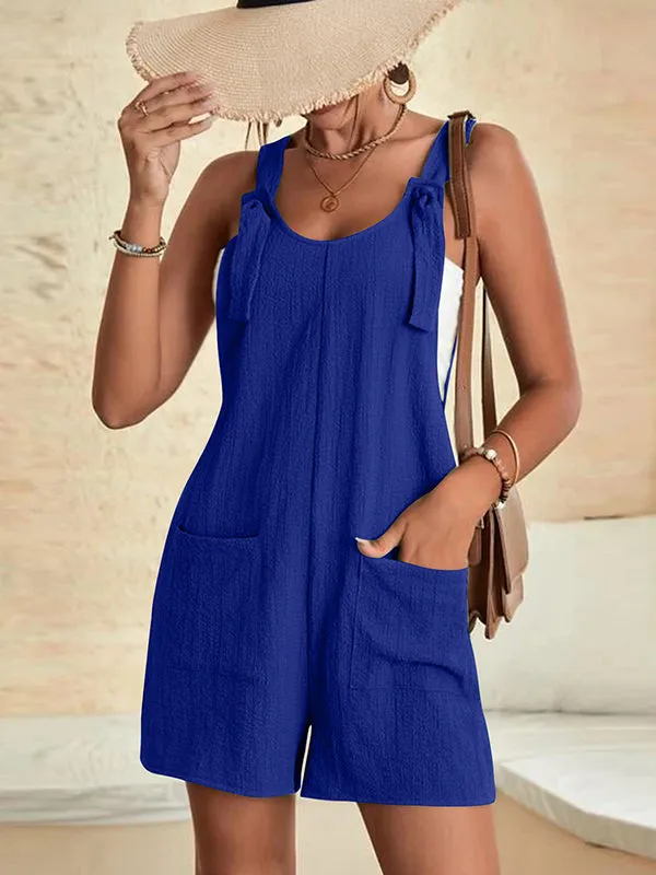 Loose Sleeveless Solid Color U-Neck Rompers