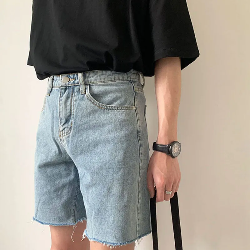 Men Summer Retro Simple Slim Fit Raw Edge Denim Shorts