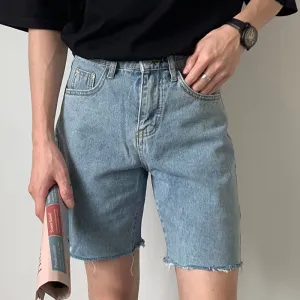 Men Summer Retro Simple Slim Fit Raw Edge Denim Shorts