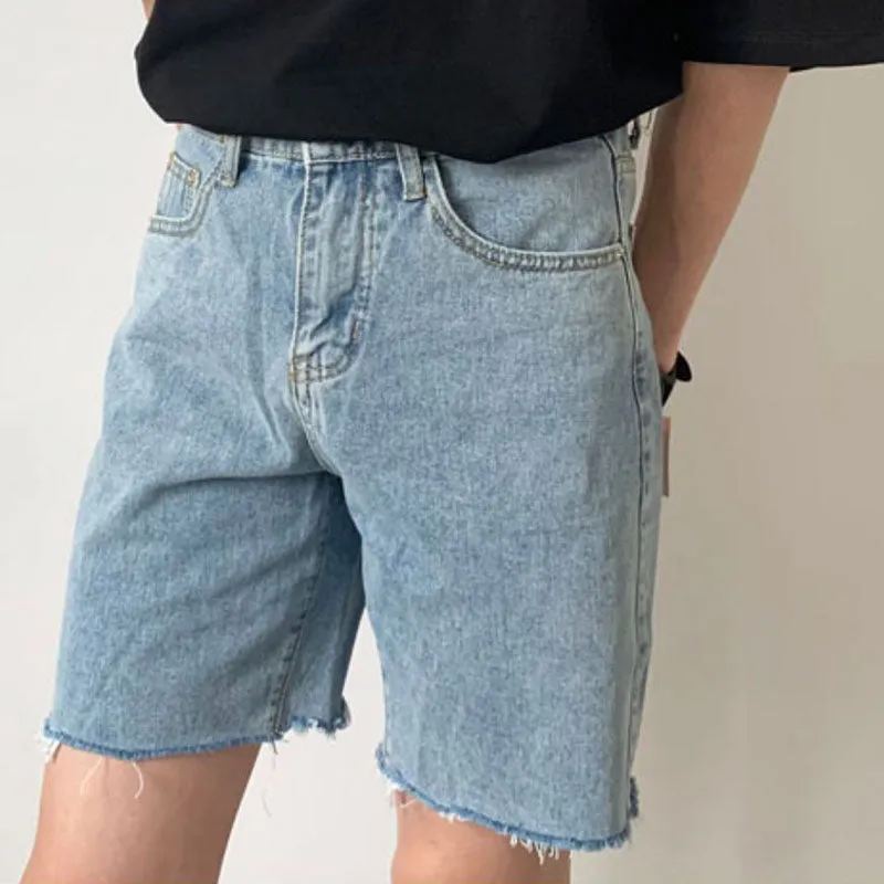 Men Summer Retro Simple Slim Fit Raw Edge Denim Shorts