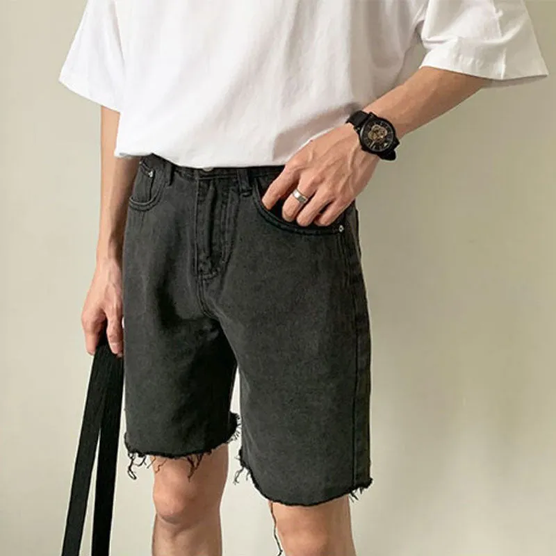 Men Summer Retro Simple Slim Fit Raw Edge Denim Shorts