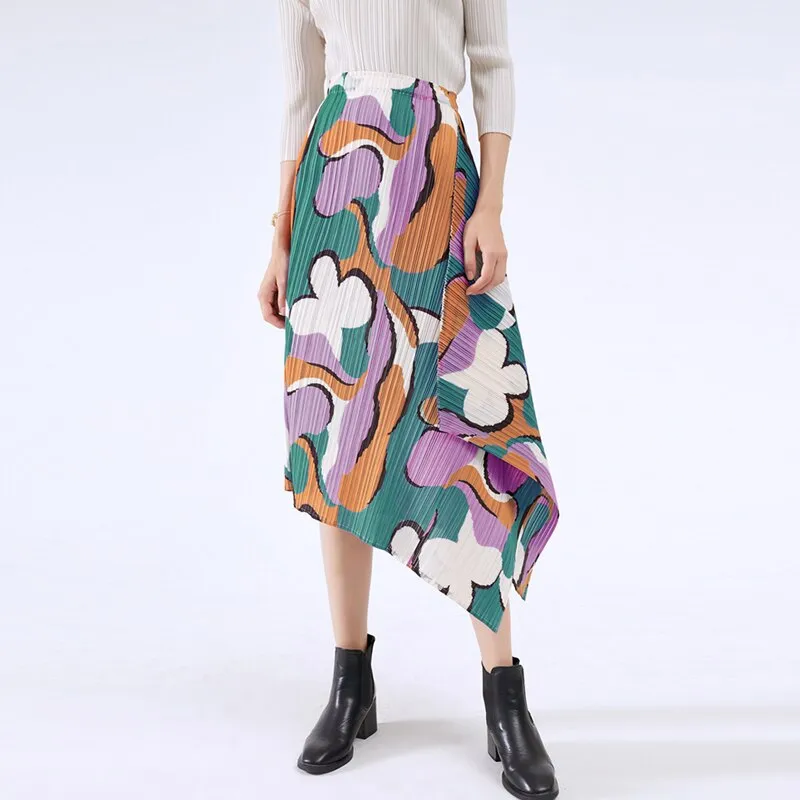 Miyake Pleated Floral Print Asymmetrical Skirt