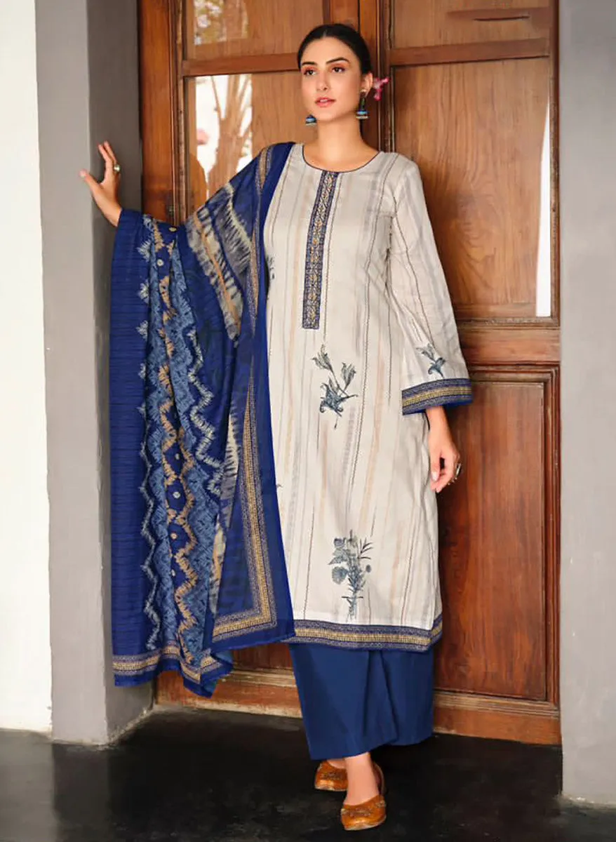 Mumtaz Arts Blue Lawn Cotton Unstitched Suit Material with Embroidery