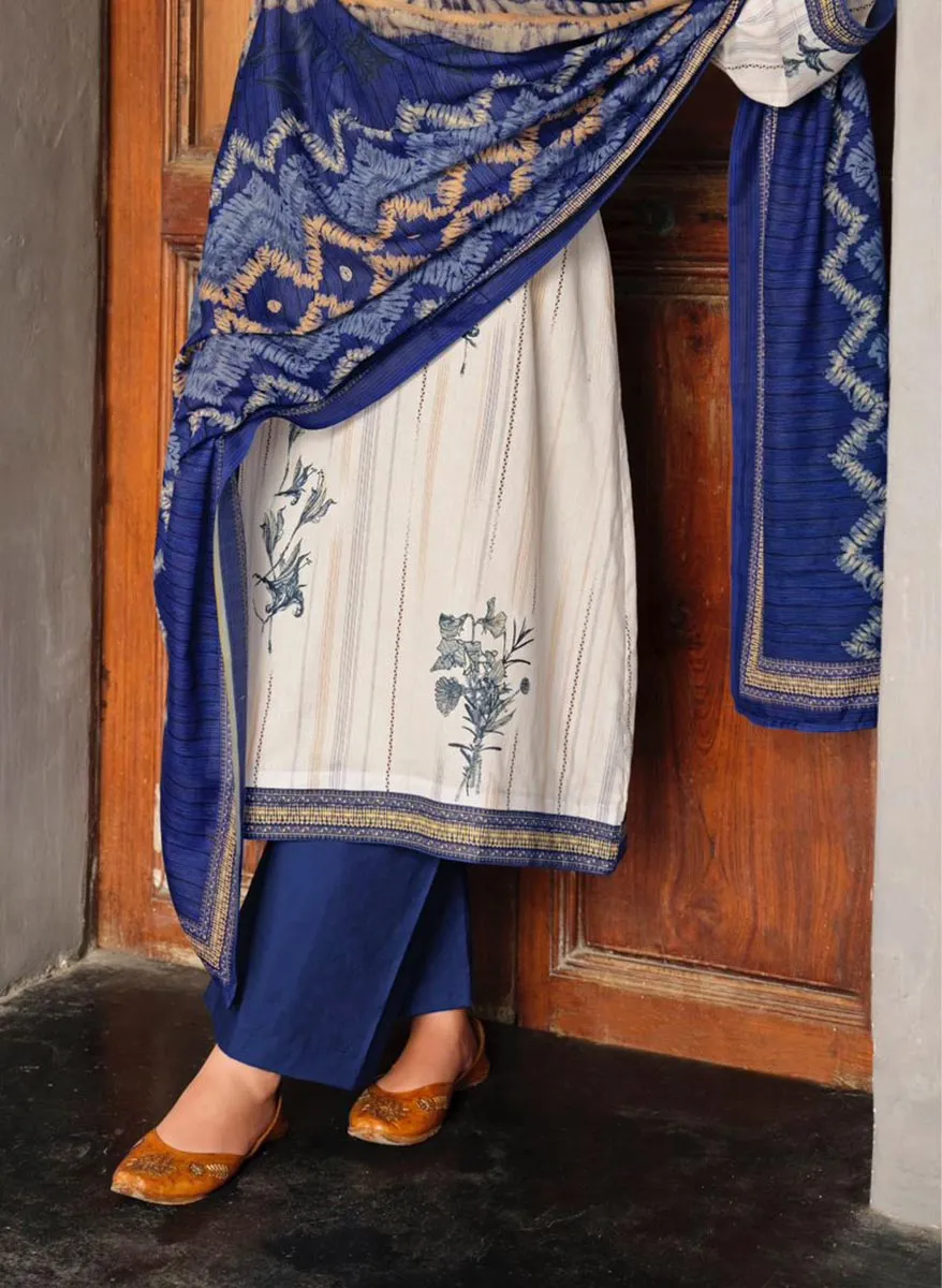 Mumtaz Arts Blue Lawn Cotton Unstitched Suit Material with Embroidery