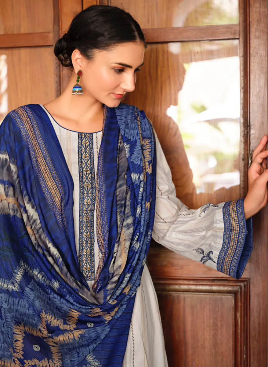 Mumtaz Arts Blue Lawn Cotton Unstitched Suit Material with Embroidery