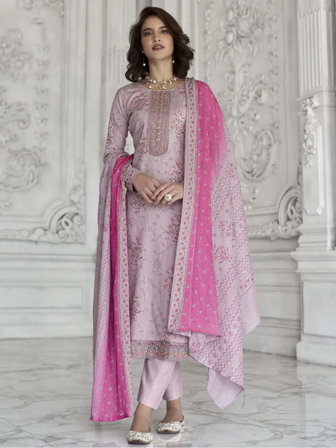 Mumtaz Arts Cotton Embroidered Unstitched Suit Set Lilac