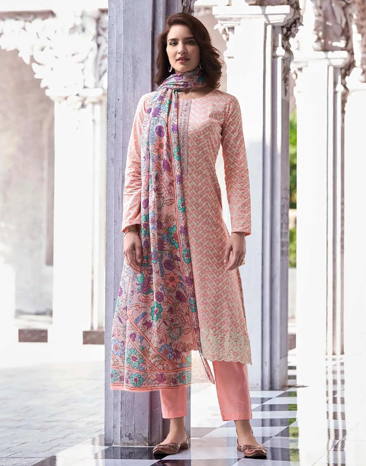 Mumtaz Arts Cotton Unstitched Women Suit Fabric Peach