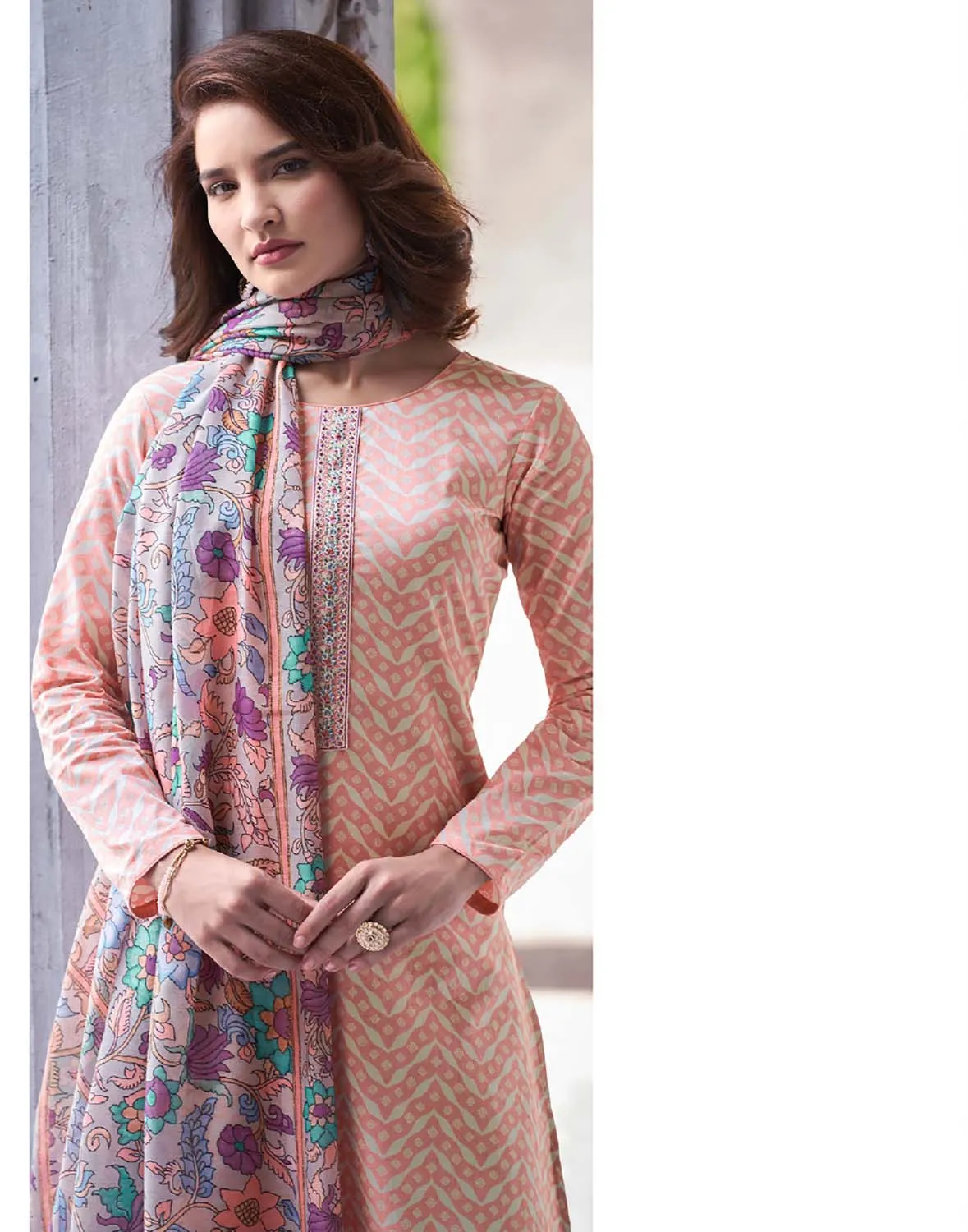 Mumtaz Arts Cotton Unstitched Women Suit Fabric Peach