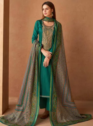 Mumtaz Arts Unstitched Teal Cotton Satin Suit Dress Material for Ladies