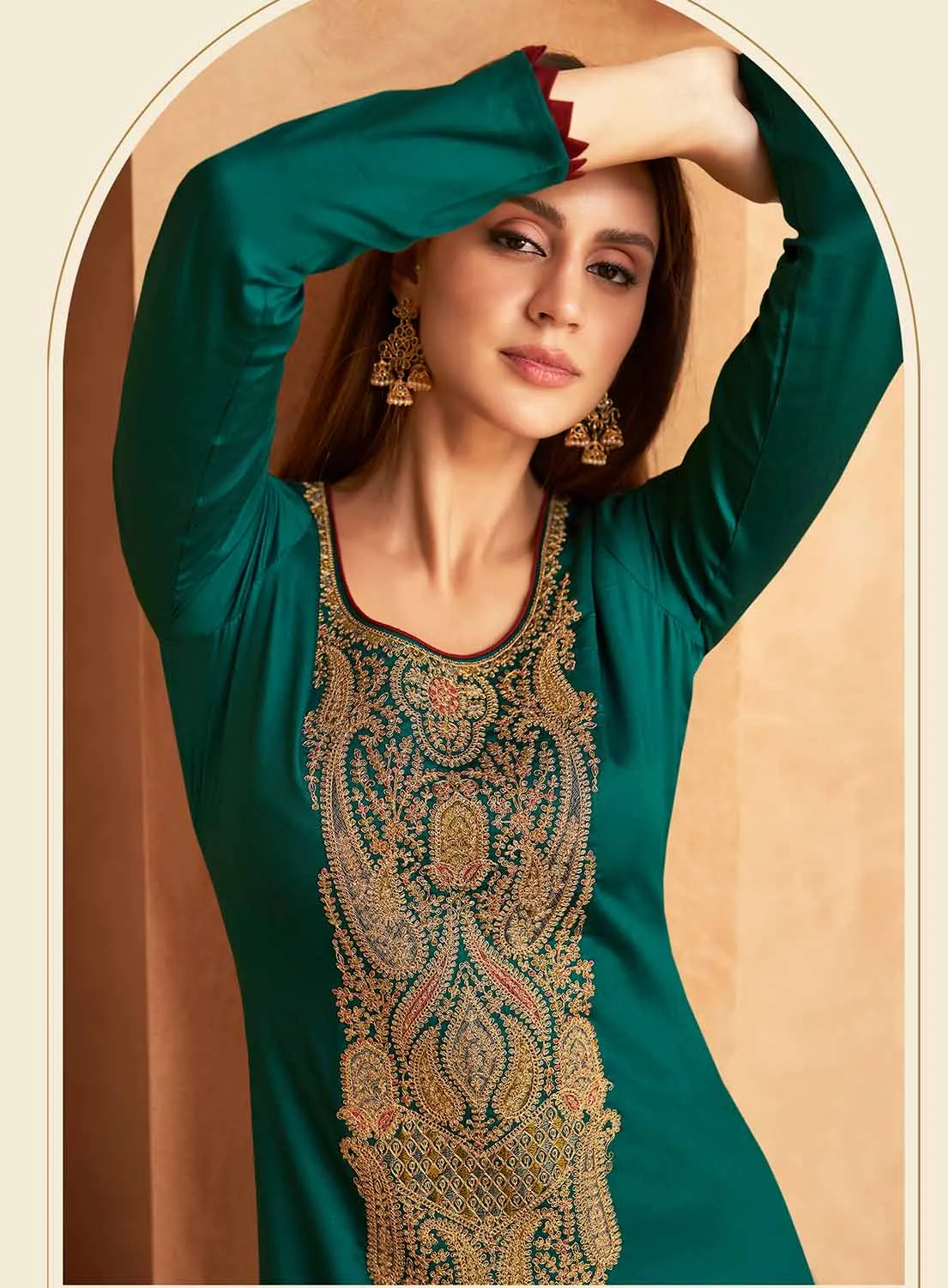 Mumtaz Arts Unstitched Teal Cotton Satin Suit Dress Material for Ladies