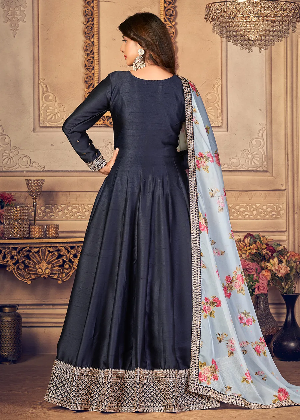 Navy Blue Silk Beautifully Embroidered Floor Length Anarkali