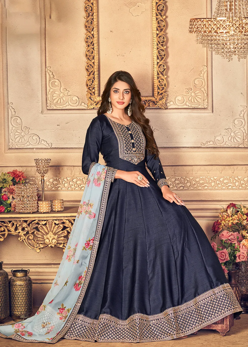 Navy Blue Silk Beautifully Embroidered Floor Length Anarkali