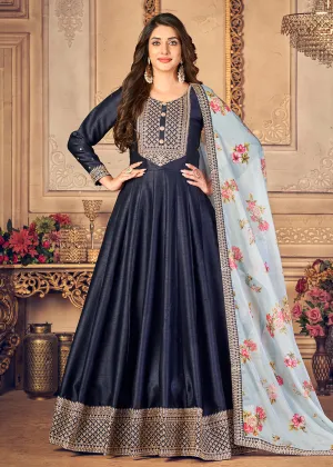 Navy Blue Silk Beautifully Embroidered Floor Length Anarkali