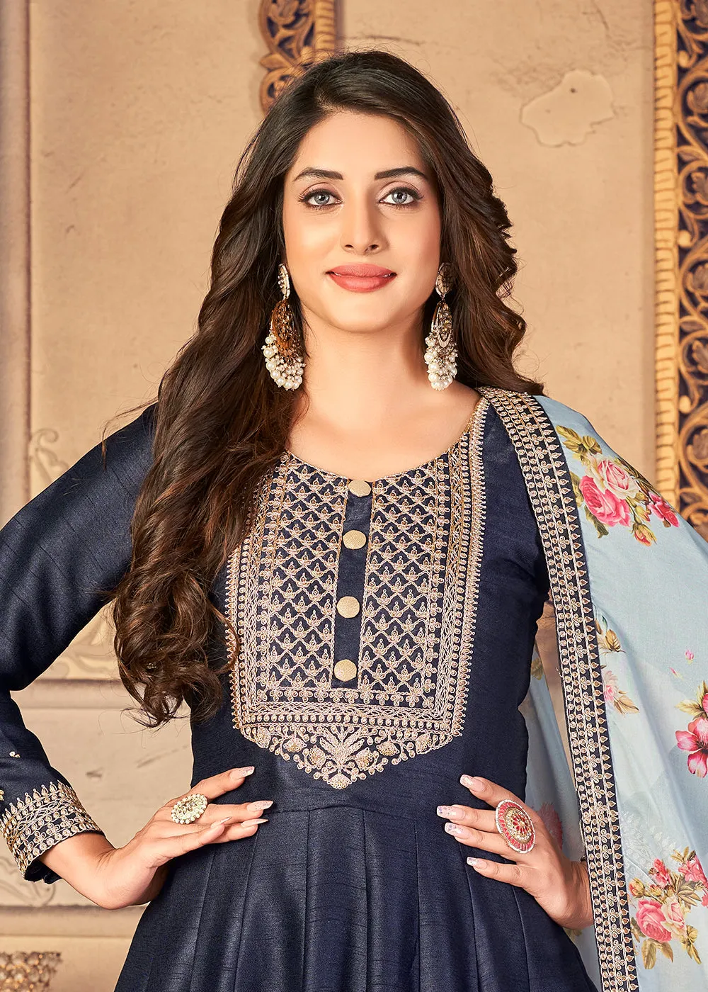 Navy Blue Silk Beautifully Embroidered Floor Length Anarkali