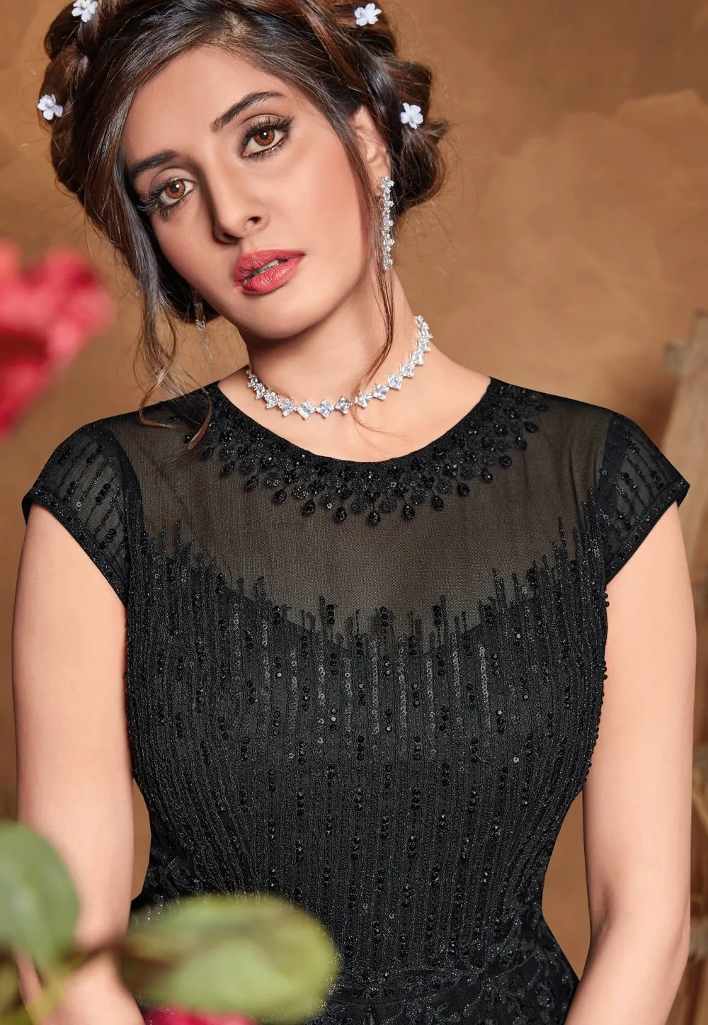 Outstanding Black Net Embroidered Floor Length Anarkali Suit