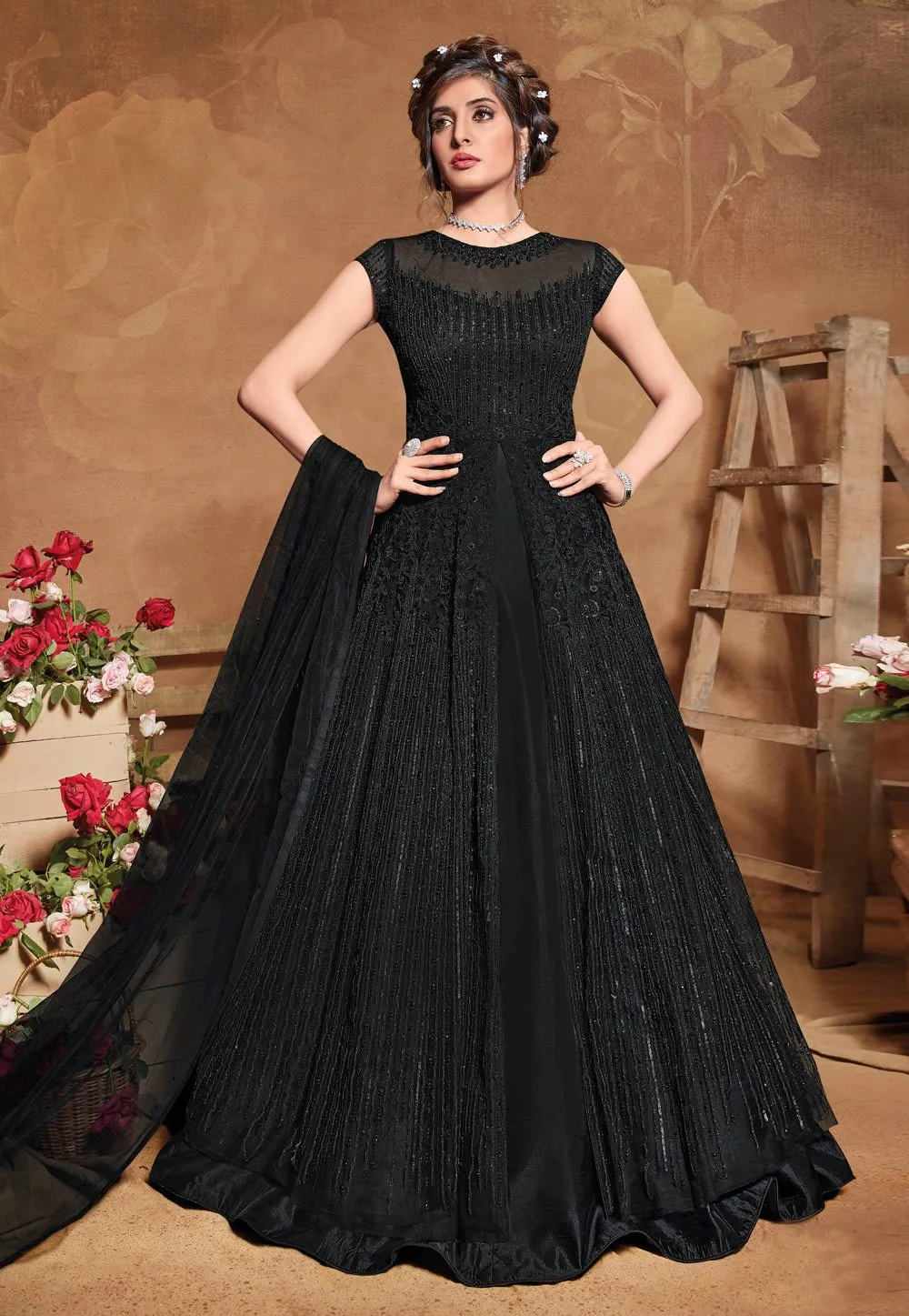 Outstanding Black Net Embroidered Floor Length Anarkali Suit