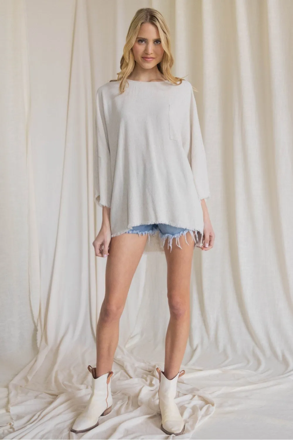 Oversized front pocket linen raw edge top