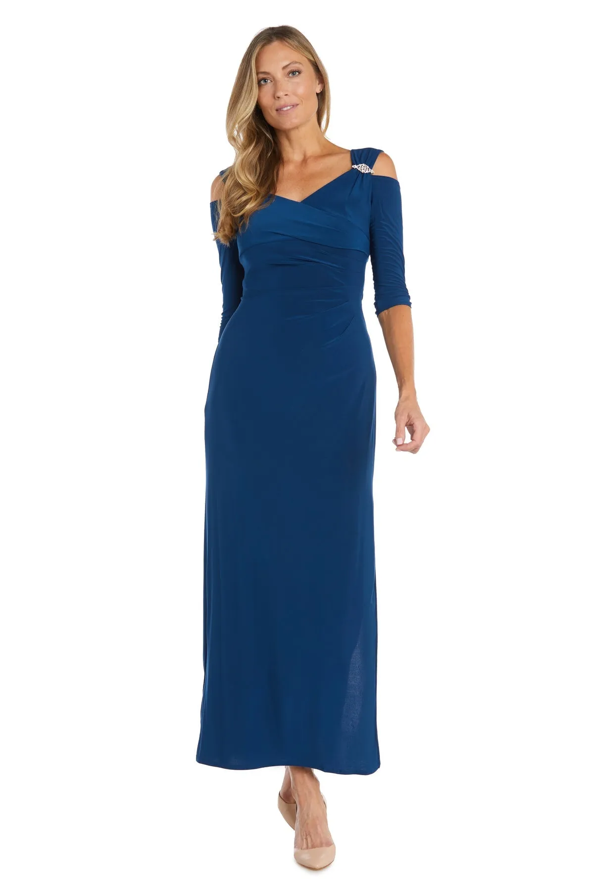 Petite Empire Waist Cold Shoulder Evening Gown with Sleeves