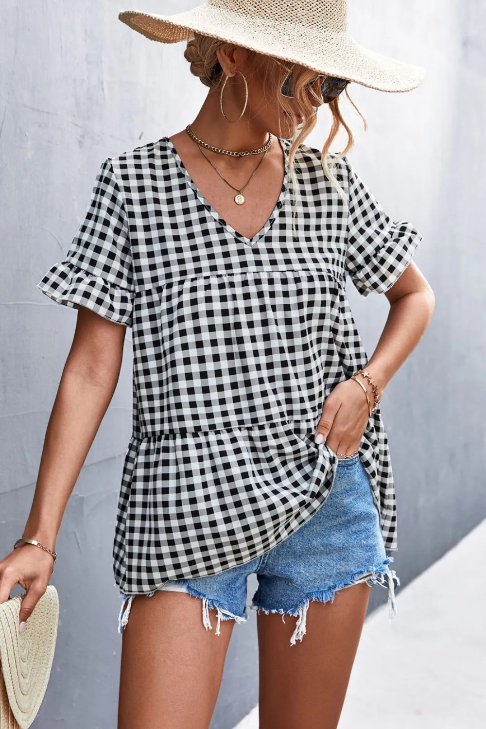 Plaid V-Neck Short Sleeve Blouse