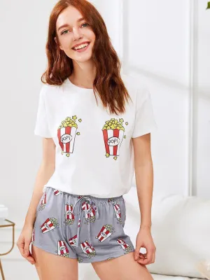 Popcorn Print Top And Shorts PJ Set