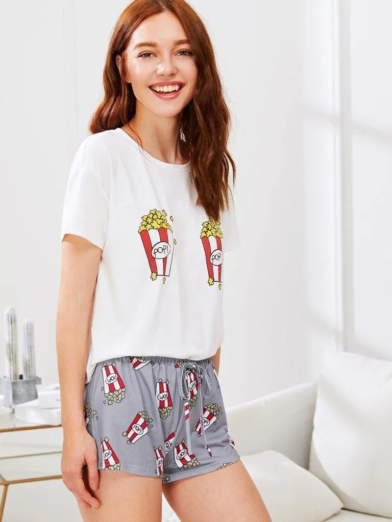 Popcorn Print Top And Shorts PJ Set