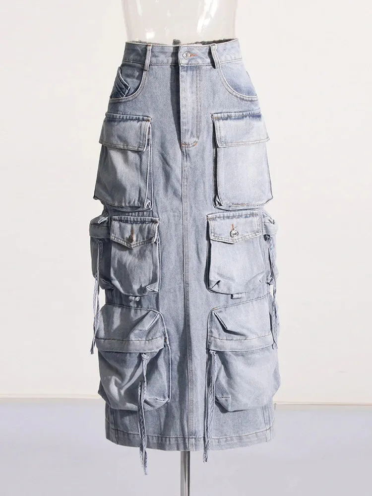 Pre Order:  Denim Patchwork Pockets Back-Slit Skirt