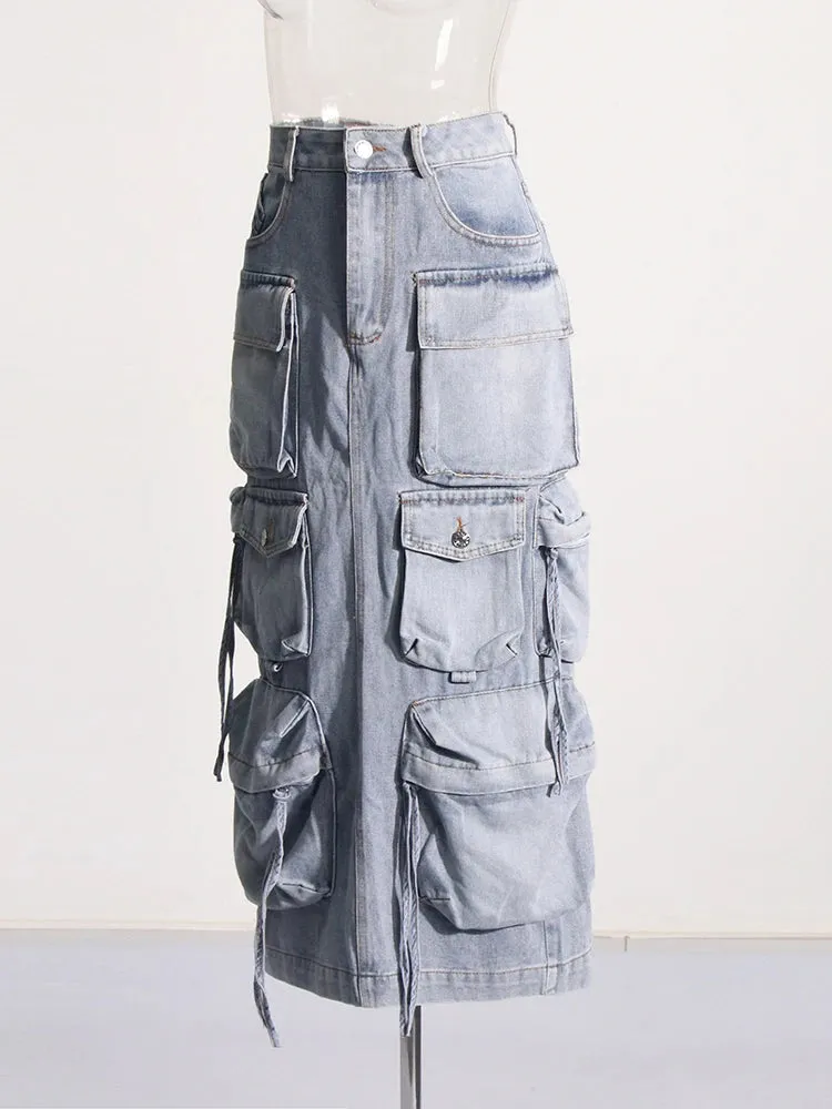 Pre Order:  Denim Patchwork Pockets Back-Slit Skirt