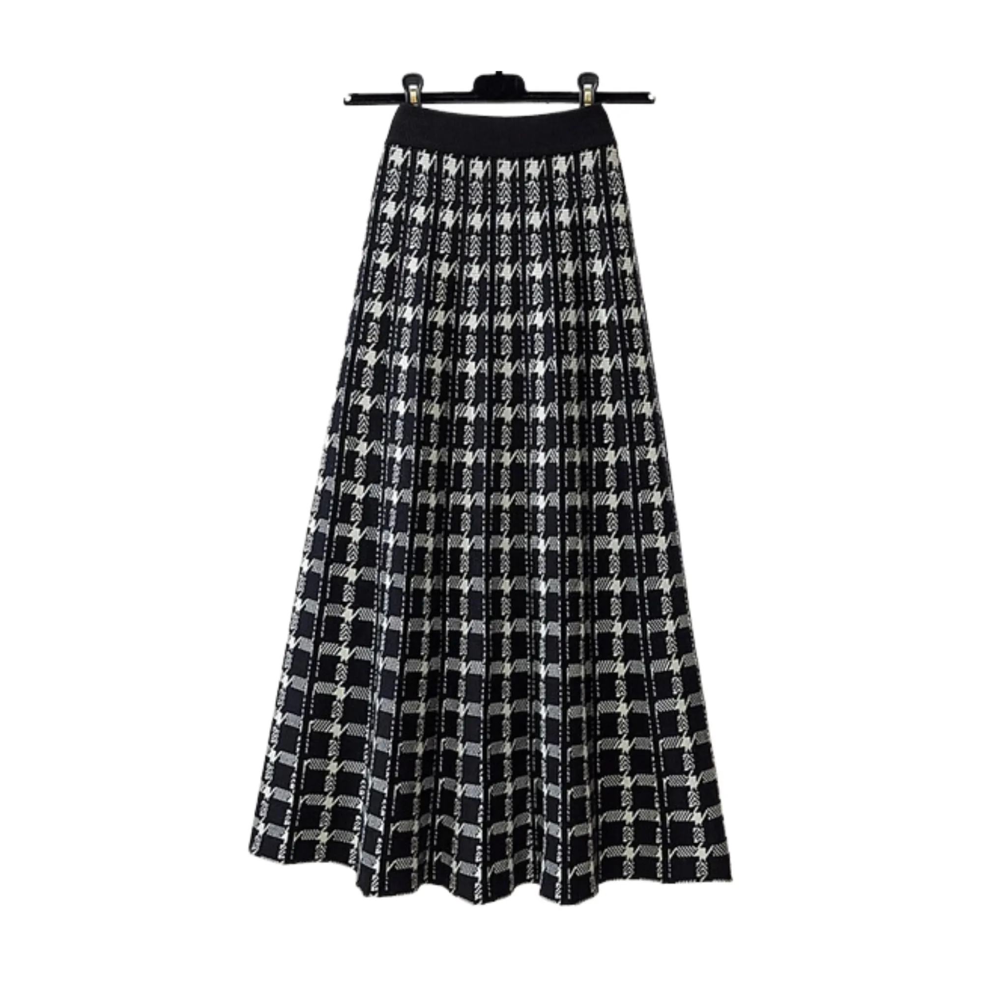 Pre Order:  Houndstooth Knitted Plaid Midi Skirt