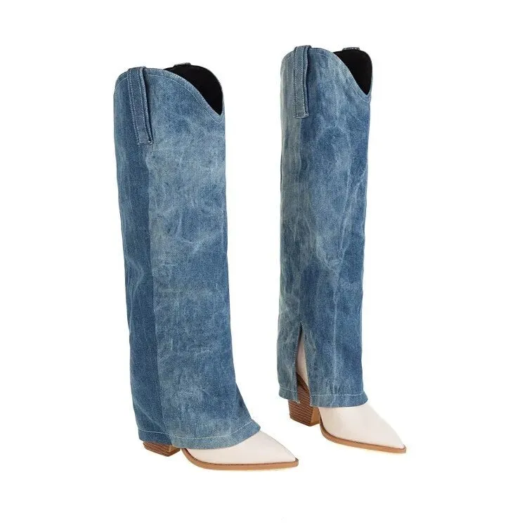 Pre Order:  Wood Grain Heel Denim Boots