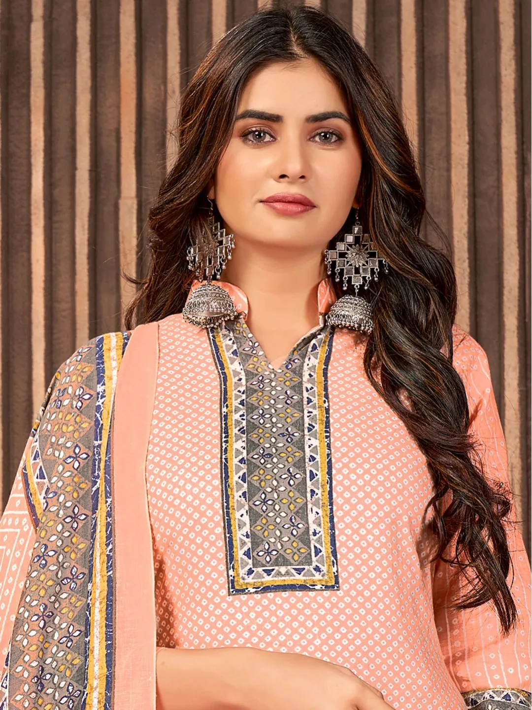 Printed Cotton Orange Un-Stitched Suit Material