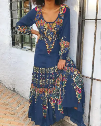 Printed Crew Neck Long Sleeve Dress