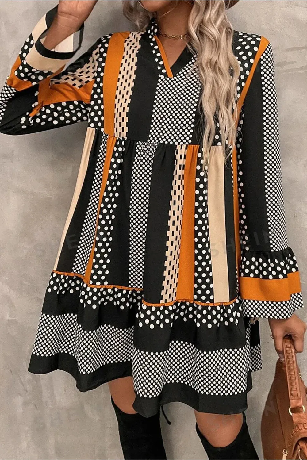 Printed Notched Long Sleeve Mini Dress