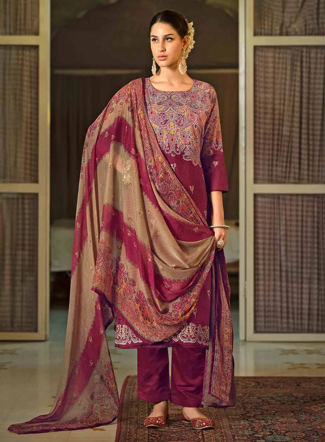 Pure Cotton Printed Maroon Unstitched Suit Dress Material for Ladies