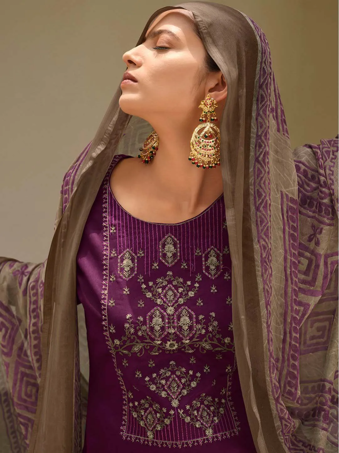 Pure Jam Cotton Unstitched Purple Suit Material with Heavy Embroidery