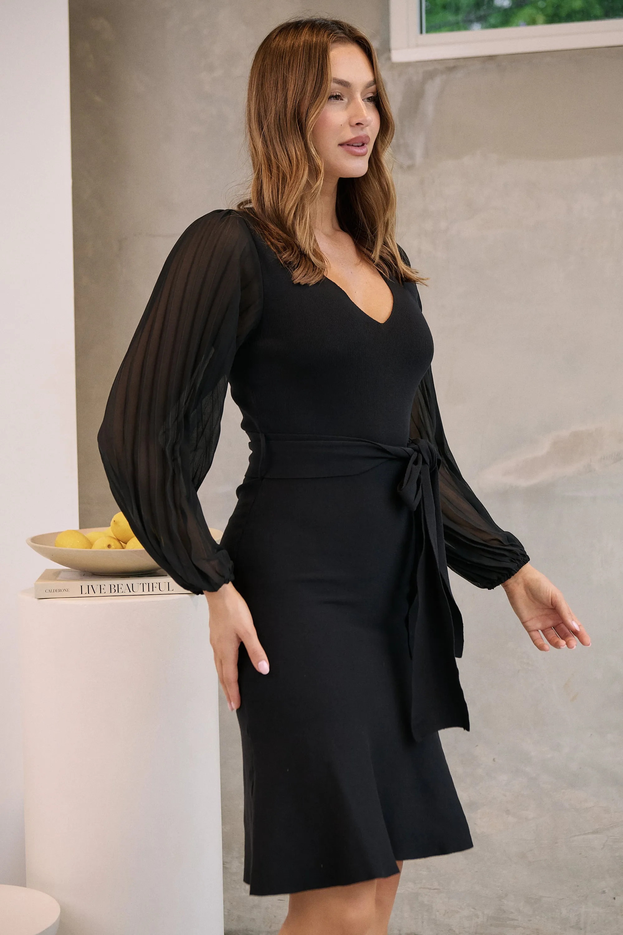 Roberta Black Chiffon Long Sleeve Knit Dress