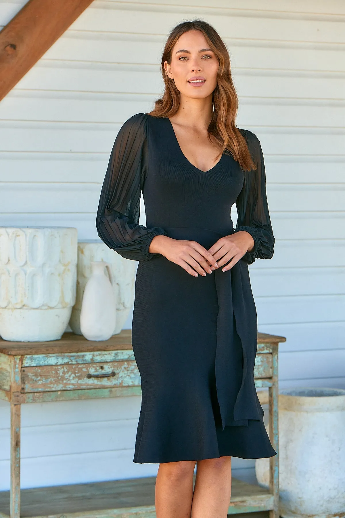 Roberta Black Chiffon Long Sleeve Knit Dress