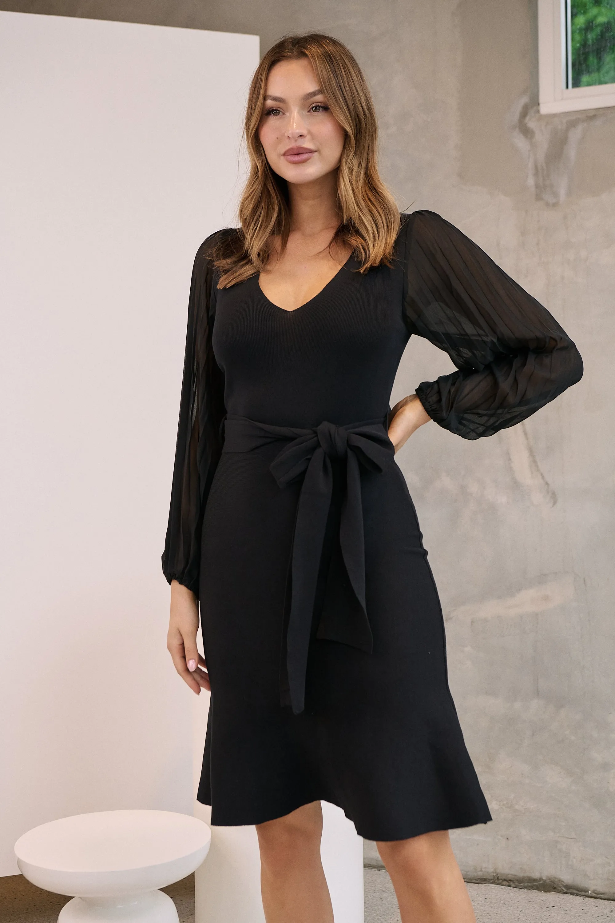 Roberta Black Chiffon Long Sleeve Knit Dress