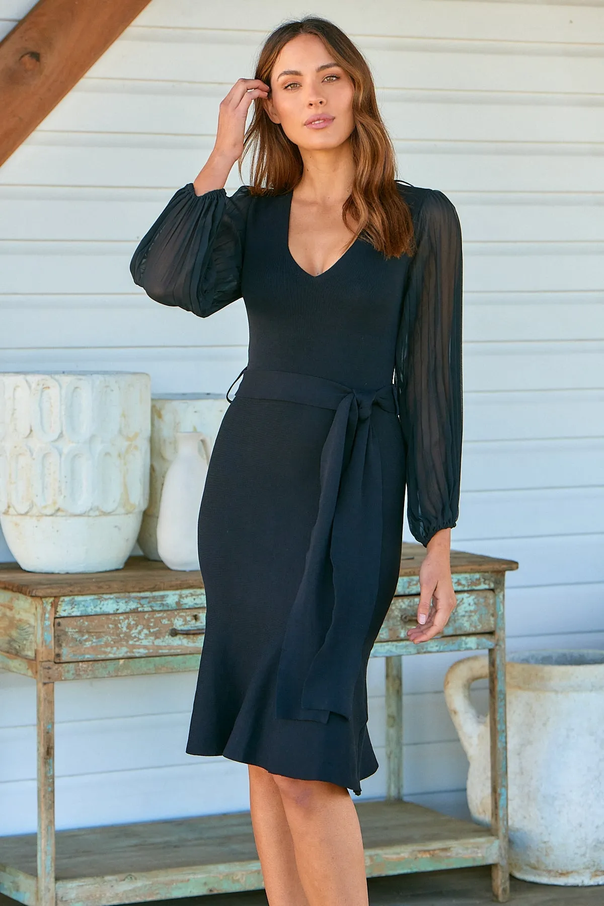 Roberta Black Chiffon Long Sleeve Knit Dress