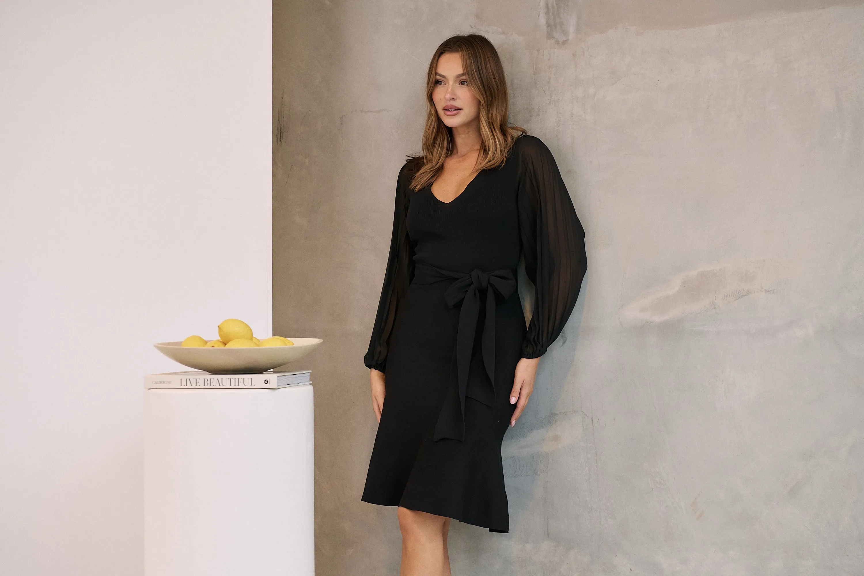 Roberta Black Chiffon Long Sleeve Knit Dress